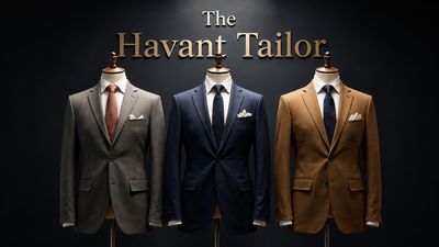 Three tailored suits on display with The Havant Tailor branding in the background