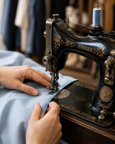 Hands guiding pale blue fabric under the needle of a vintage Singer sewing machine